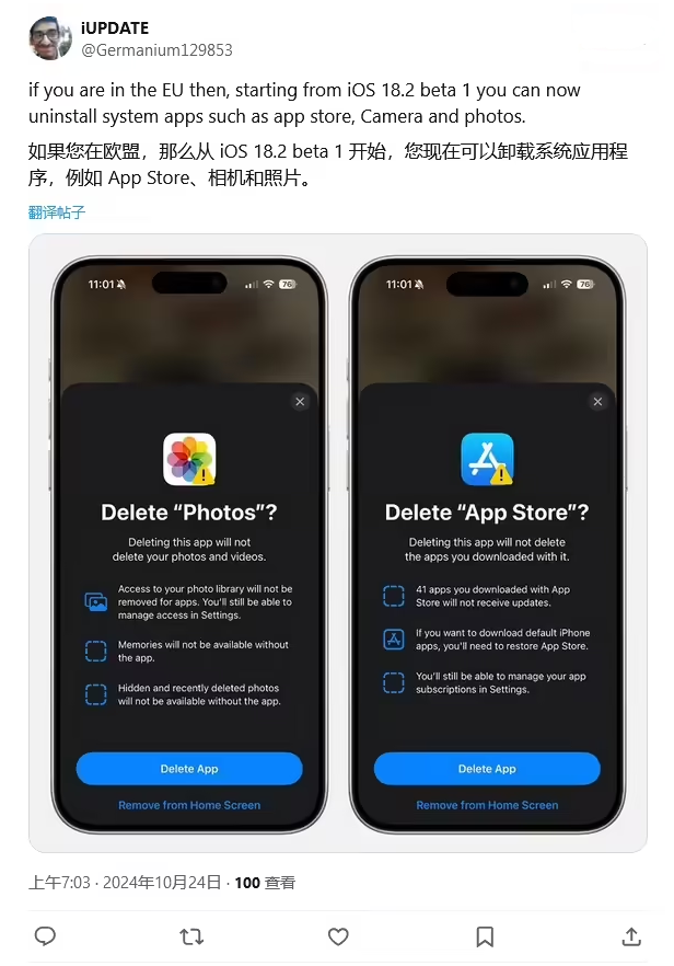 龙湖苹果手机维修分享iOS 18.2 支持删除 App Store 应用商店 