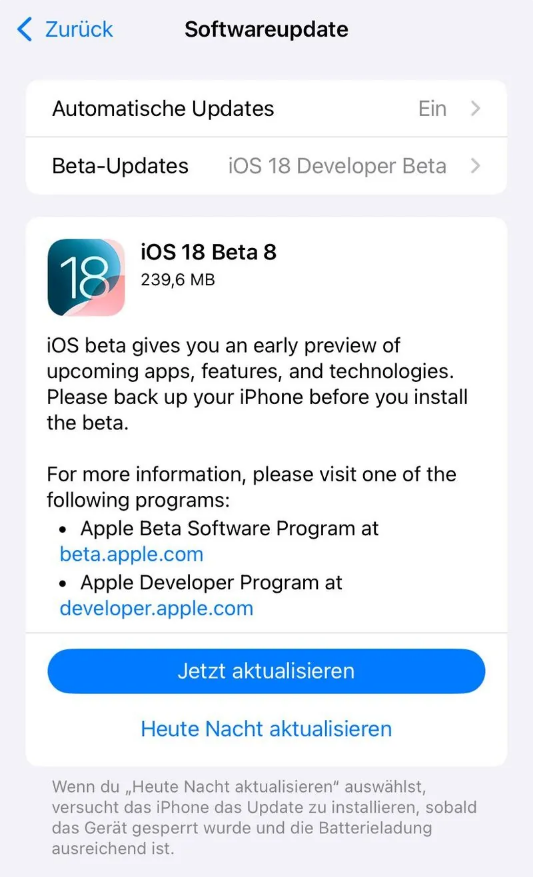 龙湖苹果手机维修分享苹果 iOS / iPadOS 18 开发者预览版 Beta 8 发布 